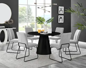 Furniturebox UK Palma Black Semi-Gloss Round Pedestal Dining Table & 6 Light Grey Fabric Halley Black Leg Chairs