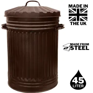 Metal Bin Retro Dustbin Waste Rubbish Bin Ideal Animal Feed Outdoor or Indoor Bin, Straight Sided Bronze Bin 45L