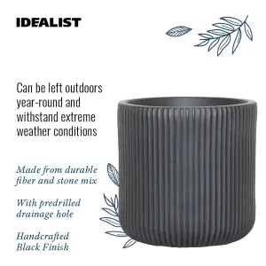 IDEALIST 30cm Round Planter, Ribbed Black Reinforced Stone Cylinder Outdoor Plant Pot D30 H30 cm, 21.6L