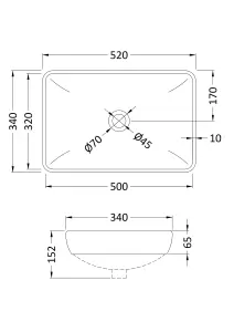 Rectangular 1 Tap Hole Ceramic Countertop Vessel without Overflow - 520mm