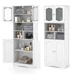 COSTWAY 148cm Tall Bathroom Cabinet Freestanding Storage Cabinet with Tempered Glass Doors