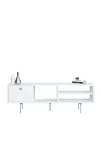 Mika TV Stand with 3 Shelves and 1 Cabinet, 140 x 35 x 45 cm TV Unit Table for TVs up to 60 inch, White