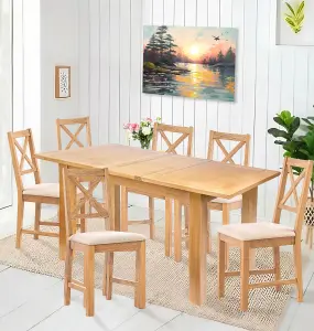 Hallowood Furniture Camberley Oak Butterfly Extending Dining Table with 6 Cross Back Chairs in Beige Fabric Seats