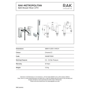 RAK Metropolitan Polished Chrome Modern Bath Shower Mixer Tap Solid Brass