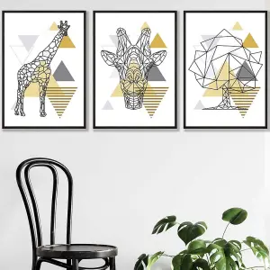 Set of 3 Geometric Line Art Yellow Giraffe Tree Set Wall Art Prints / 50x70cm / Black Frame