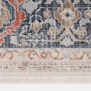 Beige Blue Traditional Floral Bordered Soft Fringed Runner Rug 60x240cm