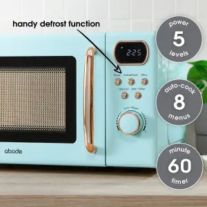 Abode Retro Blue Microwave 20L 700W Digital 8 Auto Cook Rose Gold with Defrost Setting AMD2004GRG