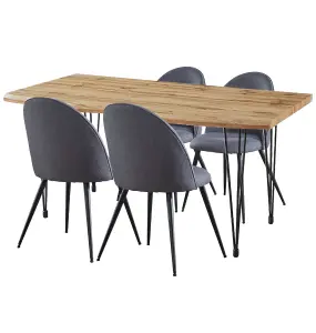 Hallowood Furniture Cullompton Large Dining Table Live Edge Effect Top (1.6m) with 4 Grey Fabric Rounded Backrest Chairs