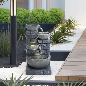 Grey Rustic Resin Rock Water Fountain with LED Lights and Solar Panel 45 cm