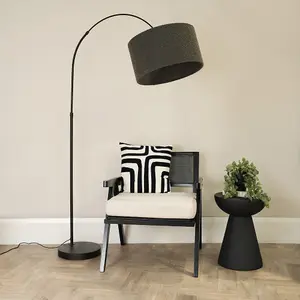 ValueLights Louis Black Arched Curved Floor Lamp with Charcoal Boucle Drum Lamp Shade and LED Bulb