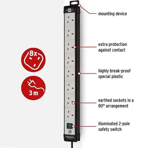 Brennenstuhl Premium-Line 8-Way Extension Lead - 3 Metre Cable - Made in Germany