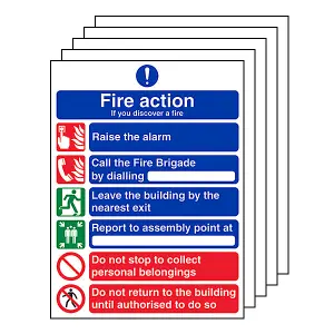 FIRE ACTION Safety Sign 6 Point Message - Self-Adhesive Vinyl - 150 X 200mm - 5 Pack