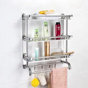 Chrome Wall Mounted Metal Bathroom Shelving Shower Organizer with Towel Rail Rack and Hook