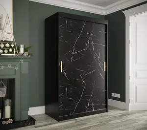 Compact Black Geneva T Sliding Door Wardrobe W1200mm H2000mm D620mm - Sleek Design, Gold Handles, Efficient Storage