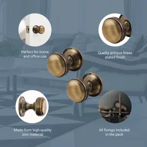 AFIT Lined Door Knobs Antique Brass - 4 Pairs of Mortice Knobs (55mm) for Internal Doors