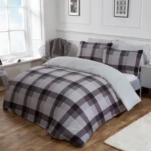 Dreamscene Check Teddy Duvet Cover Pillowcase Bedding Set, Grey - King