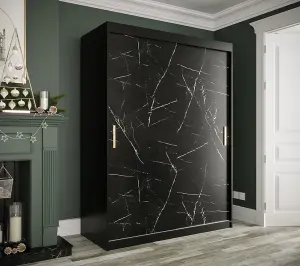 Elegant Black Geneva T Sliding Door Wardrobe W1500mm H2000mm D620mm - Sleek Design, Gold Handles, Ample Storage