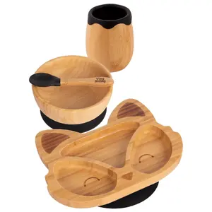 Tiny Dining - Fox Bamboo Suction Baby Feeding Set - Black - 4pc