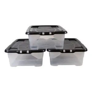 Strata Curve Clear & Black 30L Small Stackable Storage box with Lid, Pack of 3