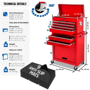 Tool Box - with wheels, 8 drawers, folding compartment, carry box attachment - red