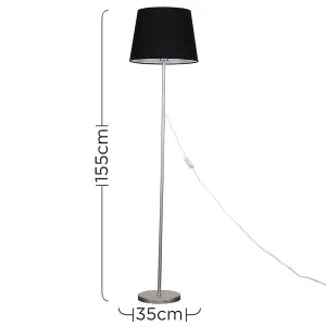 ValueLights Modern Standard Floor Lamp In Brushed Chrome Metal Finish With Black Tapered Shade