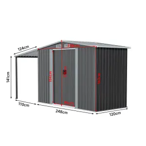 8 x 4 ft Metal Shed 2 Door Garden Storage Shed with Awning in Dark Grey