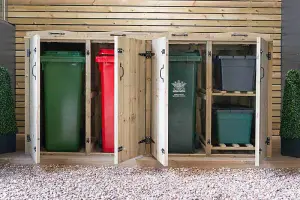 3 Wheelie Bin/2 Recycle Box Store - L80.4 x W273 x H120 cm - Timber