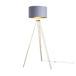 ValueLights Aero Modern Gold Hairpin Design Tripod Floor Lamp with Grey/Gold Drum Shade - Includes 6w LED GLS Bulb 3000K