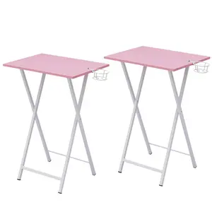 Folding Side Table with Cup Holder, Industrial Side Table for Living Room, Bedroom (Set of 2) Pink/White