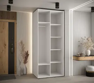 Elegant White Cannes XIII Sliding Wardrobe H2050mm W1000mm D600mm with Custom Black Steel Handles and Decorative Strip