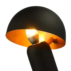 Modern Black Mushroom Table Lamp with Tilted Gold Inner Shade and Fabric Cable