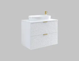 Laura 48 Floating Vanity Unit W800mm H630mm D490mm - White Gloss with Gold Handles and Two Drawers