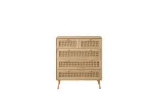 Brown Oak Chest of 5 Drawers Rattan Mid Century Modern