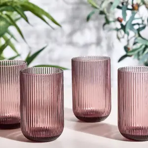 Set of 4 Vintage Luxury Pink Ribbed Tall Drinking Glass Whisky Glass Tumbers 420ml