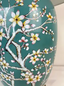 Teal Blossom Ceramic Table Lamp with Pleated Shade