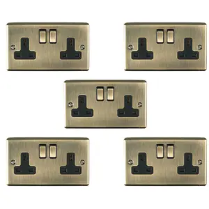 5 PACK 2 Gang Double UK Plug Socket ANTIQUE BRASS 13A Switched Power Outlet