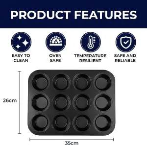 Non-Stick Muffin Trays 2 Pack Premium Muffin Tins 12-Cup (35cm x 26cm x 4cm) for Cupcakes, Yorkshire Puddings & Desserts