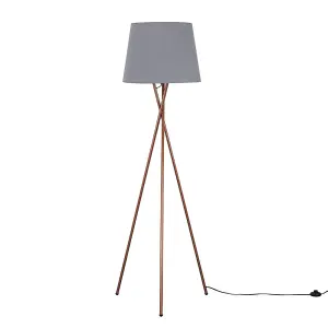 ValueLights Hardy Modern Copper Metal Tripod Floor Lamp with Grey Tapered Shade - Includes 6w LED Bulb 3000K Warm White