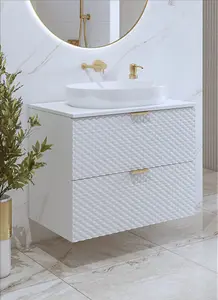 Laura 48 Floating Vanity Unit W800mm H630mm D490mm - White Gloss with Gold Handles and Two Drawers