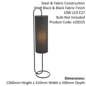 Matt Black Oval Floor Lamp & Black Fabric Shade - 1360mm Height - Standing Light