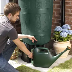 Garden Lake 200L Litre Wood Effect Green Barrel Water Butt with Child Safe Locking Lid, Stand & Rain Diverter Drainpipe Kit.