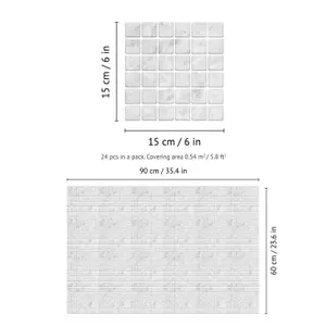 WalplusLux Touch Light Marble Mosaic Wall Tile Sticker Set - 15cm (6inch) - 24pcs One Pack