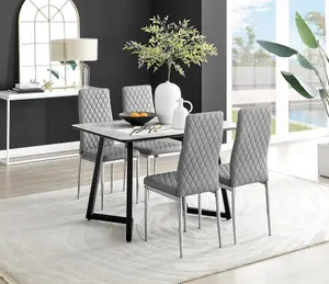 Furniturebox UK Carson White Marble Effect Dining Table & 4 Grey Milan Chrome Leg Chairs