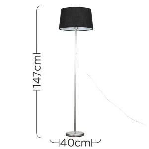 ValueLights Modern Floor Lamp In Brushed Chrome Metal Finish With Black Faux Linen Shade