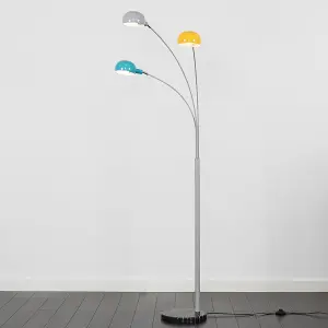 ValueLights 3 Way Grey Metal & Black Marble Base Curva Floor Lamp with Yellow, Blue & Grey Dome Shades LED Bulbs 3000K Warm White