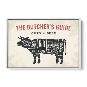 The Butcher's Cuts Guide Beef Beige CANVAS FLOATER FRAME Wall Art Print Picture White Frame (H)51cm x (W)76cm