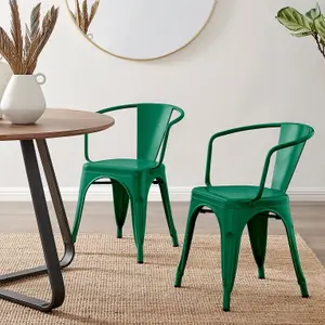 Furniturebox Set of 2 Green Colton Tolix Style Stackable Industrial Metal Dining Chair with Arms