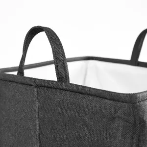 Laundry Basket Bag Foldable Drawstring Clothes Organiser Faux Linen, Black