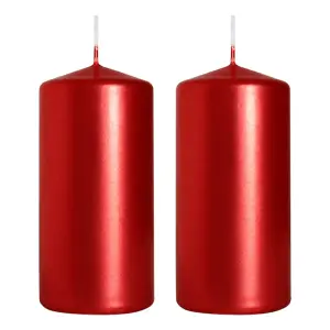 Pillar Candles, Pack of 2, Unscented, Long Burning Time, 10 x 5 cm / 4 x 2 in (Red, Metallic)