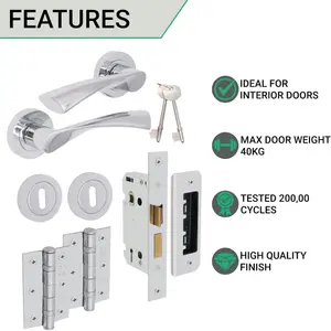 EAI - Swept Lever on Rose Lock Kit / Pack - 66mm Sash Lock & 76mm Hinges - Polished Chrome